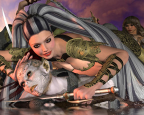 Картинка 3д+графика фантазия+ fantasy эльф оружие фон взгляд девушка