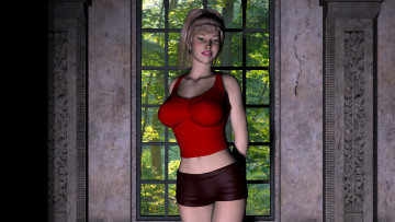 обоя 3д графика, люди , people, девушка, взгляд, фон, улыбка, кофта, шорты