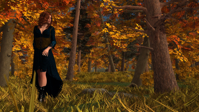 Обои картинки фото 3д графика, люди , people, девушка, лес, фон, взгляд