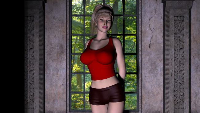 Обои картинки фото 3д графика, люди , people, девушка, взгляд, фон, улыбка, кофта, шорты