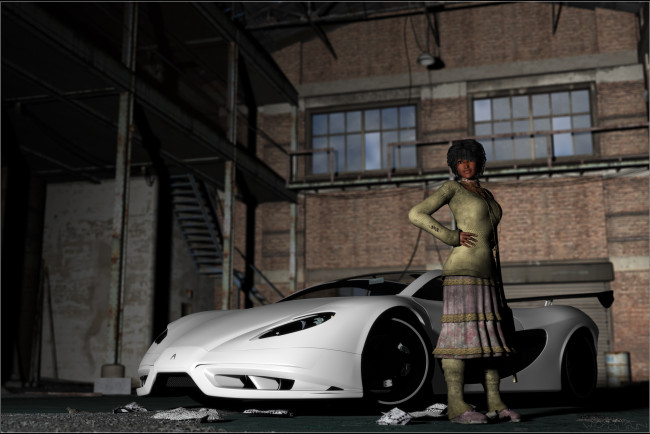 Обои картинки фото 3д графика, люди , people, девушка, взгляд, фон, автомобиль