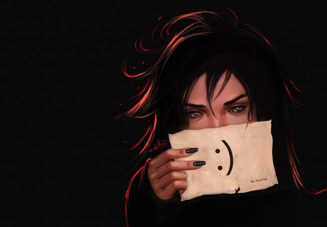 Обои картинки фото рисованное, люди, рука, взгляд, девушка, черный, фон, смайлик, лист, ногти