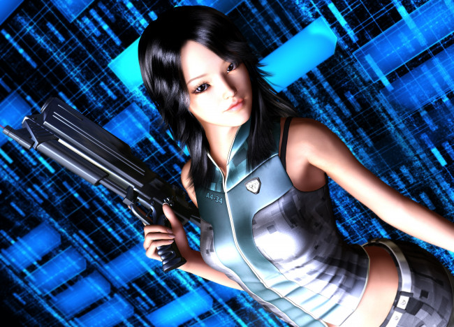 Обои картинки фото 3д графика, фантазия , fantasy, девушка, взгляд, фон, оружие