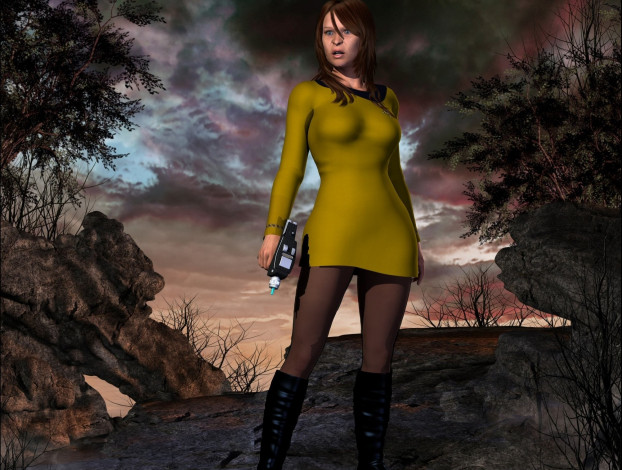 Обои картинки фото 3д графика, фантазия , fantasy, оружие, взгляд, девушка, фон