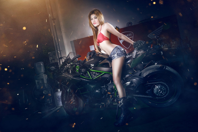 Обои картинки фото мотоциклы, мото с девушкой, байк, девица