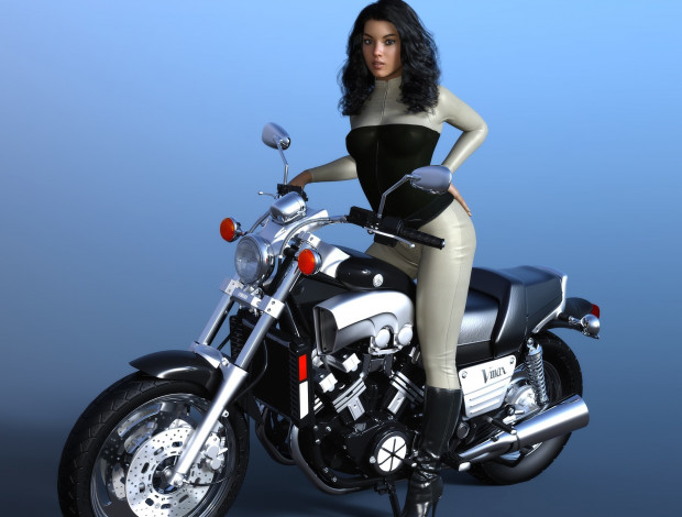 Обои картинки фото 3д графика, люди-авто, мото , people- car ,  moto, девушка, взгляд, фон, мотоцикл