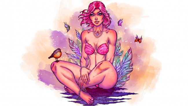 Обои картинки фото рисованное, комиксы, птичка, бабочки, взгляд, девушка, фон