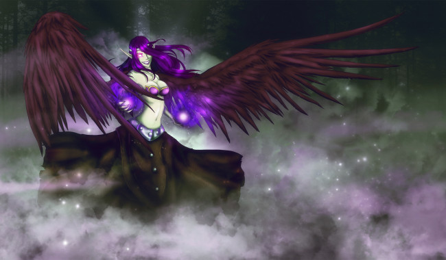 Обои картинки фото аниме, животные,  существа, эльф, крылья, взгляд, фон, девушка