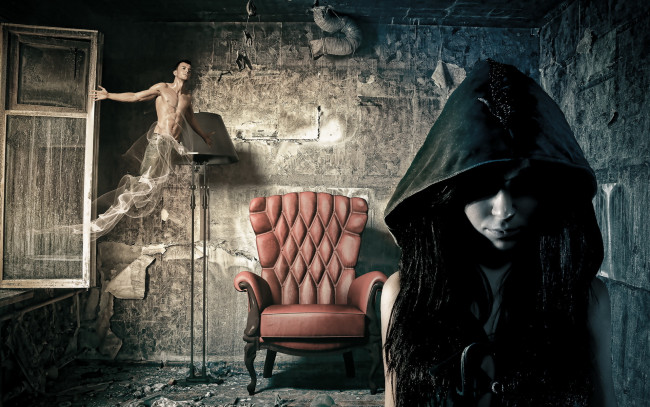 Обои картинки фото разное, компьютерный дизайн, кресло, девушка, капюшон, комната, дух, парень, окно