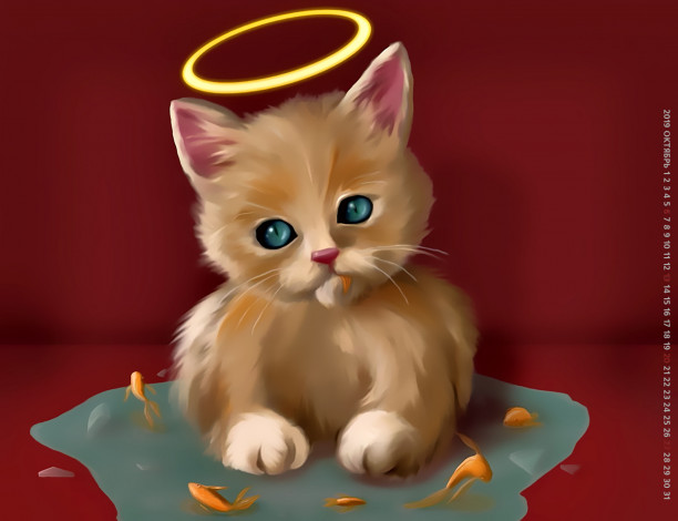 Обои картинки фото календари, рисованные,  векторная графика, котенок, нимб, вода, 2019, calendar, рыба, животное, кошка, кот