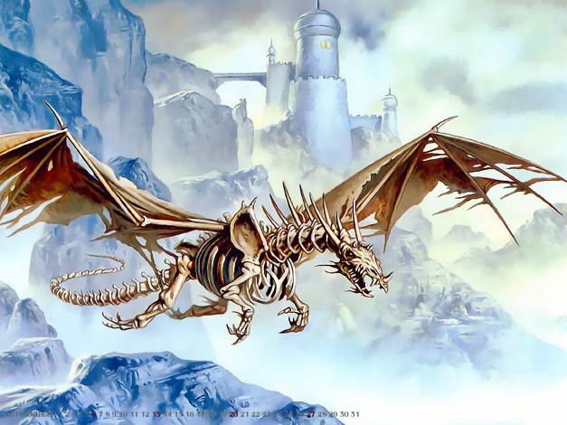 Обои картинки фото календари, фэнтези, 2019, calendar, замок, камень, крылья, скала, полет, дракон, скелет