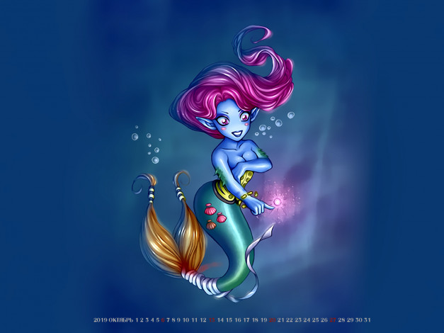 Обои картинки фото календари, фэнтези, calendar, хвост, девушка, пузыри, русалка, 2019