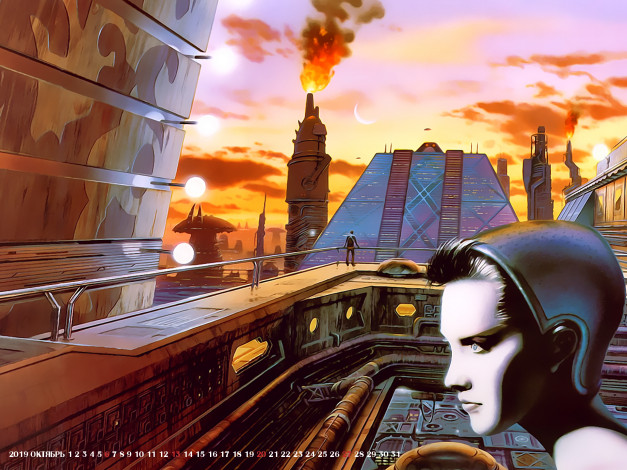Обои картинки фото календари, фэнтези, девушка, пламя, сооружение, 2019, calendar