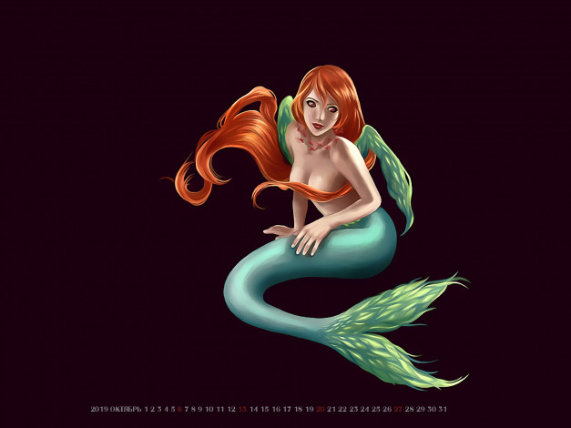 Обои картинки фото календари, фэнтези, русалка, 2019, calendar, хвост, фон, девушка, черный