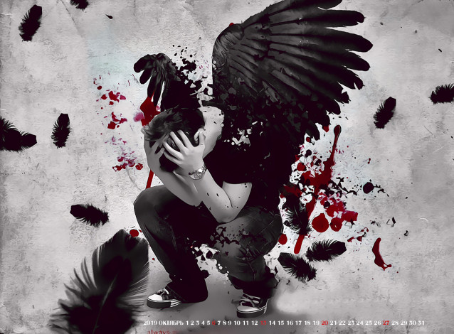Обои картинки фото календари, фэнтези, крылья, 2019, calendar, мужчина, часы, перо, ангел, черный