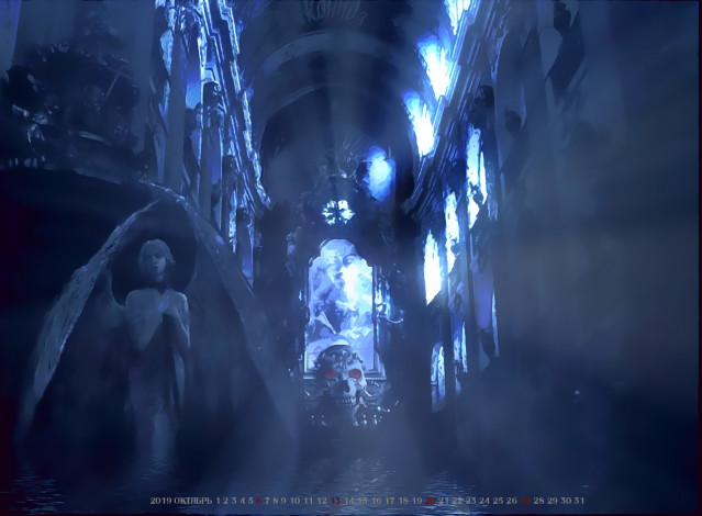 Обои картинки фото календари, фэнтези, 2019, calendar, помещение, окно, череп, силуэт, крылья, девушка, ангел