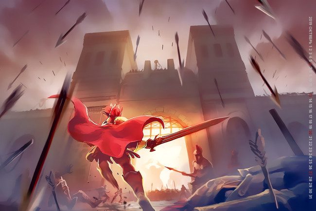 Обои картинки фото календари, фэнтези, здание, оружие, 2019, calendar, битва, воин, стрела