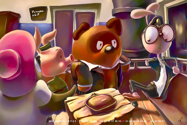 Обои картинки фото календари, рисованные,  векторная графика, медведь, кролик, помещение, очки, сова, calendar, 2019, шляпа, животное