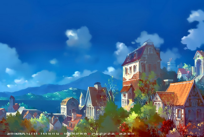 Обои картинки фото календари, рисованные,  векторная графика, 2019, calendar, город, дерево, дом, здание