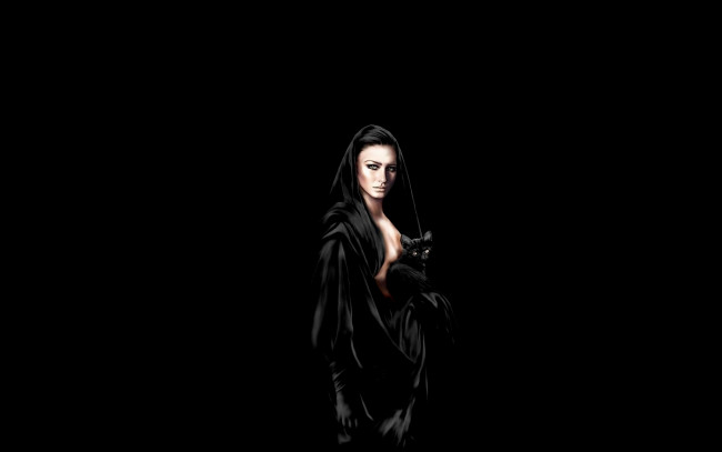 Обои картинки фото рисованное, люди, девушка, плащ, кошка