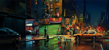 Картинка рисованное города город огни улицы машины люди лужи