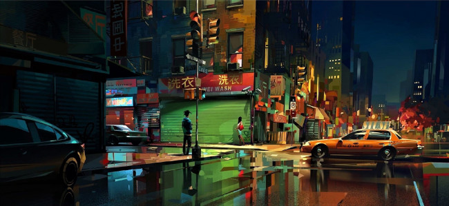 Обои картинки фото рисованное, города, город, огни, улицы, машины, люди, лужи
