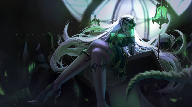 Обои картинки фото фэнтези, девушки, женщина, трон, фонари