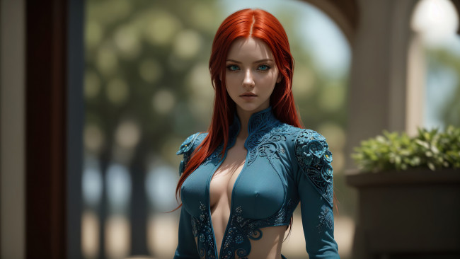Обои картинки фото нейросеть, 3д графика, люди , people, girl, fantasy, red, hair, art, blue, eyes, digital