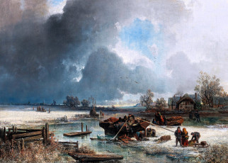 Картинка рисованное adolf-ulrik+wertmuller люди лодки река лёд зима