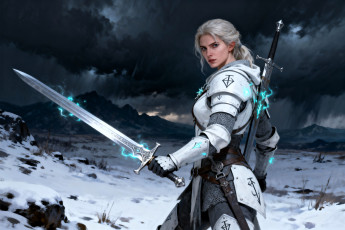 обоя фэнтези, девушки, девушка, воительница, доспехи, меч, магия, снег, горы, тучи