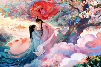 обоя рисованное, кино,  мультфильмы, парень, кот, девушка, свинья, дорама, китай