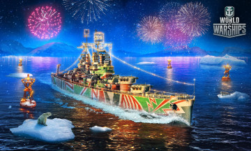 Картинка видео+игры world+of+warships корабль огни море буй новый год салют горы медведь льды