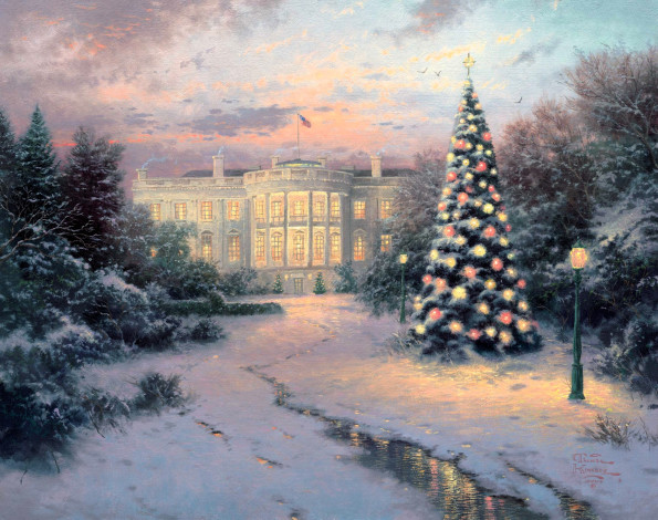 Обои картинки фото рисованное, thomas kinkade, ёлка, новый, год, деревья, снег, зима, свет, особняк
