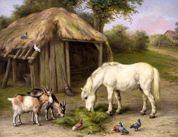 Обои картинки фото рисованное, edgar hunt, лошадь, сено, сарай, козы, голуби, деревня