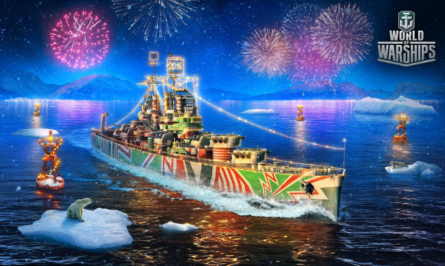 Обои картинки фото видео игры, world of warships, корабль, огни, море, буй, новый, год, салют, горы, медведь, льды