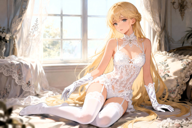 Обои картинки фото аниме, unknown,  другое , девушка, блондинка, белье, перчатки, чулки, окно, кровать, подушка