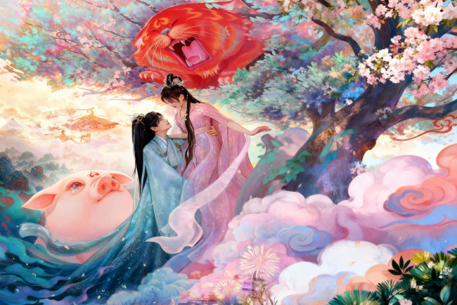 Обои картинки фото рисованное, кино,  мультфильмы, парень, кот, девушка, свинья, дорама, китай