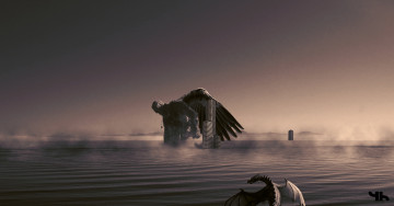 Картинка фэнтези драконы дымка вода дом