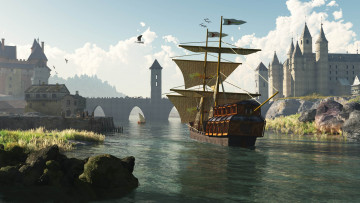 Картинка 3д графика historical история мост парусник замок