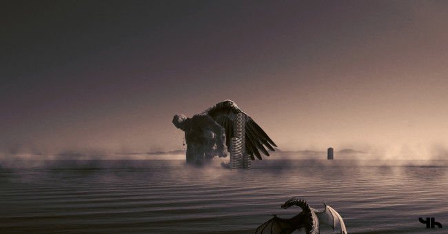 Обои картинки фото фэнтези, драконы, дымка, вода, дом