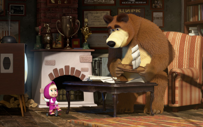 Обои картинки фото мультфильмы, маша, медведь, камин