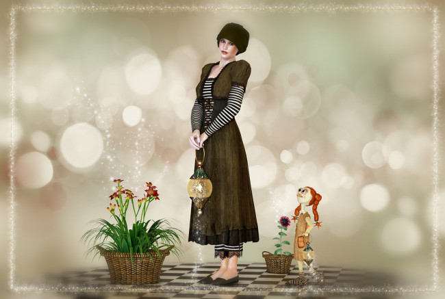 Обои картинки фото 3д, графика, people, люди, туман, дорога, мельница