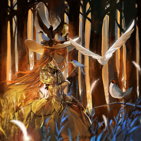 Обои картинки фото by, saberiii, аниме, *unknown, другое, цветы, птицы, девушка, шляпа, лес