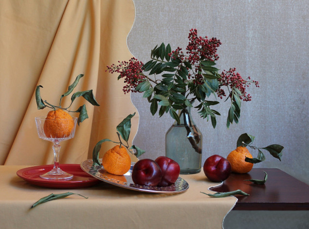 Обои картинки фото еда, натюрморт, сливы, мандарины, ягоды