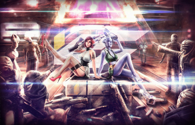 Обои картинки фото mass, effect, видео, игры, liara, tsoni, shepard, фан-арт