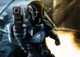 Картинка фэнтези люди костюм защитный солдат шлем пистилет