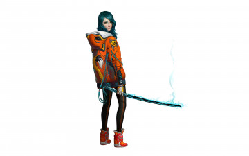 Картинка девушка+робот рисованные -+другое девушка робот механизм стиль меч