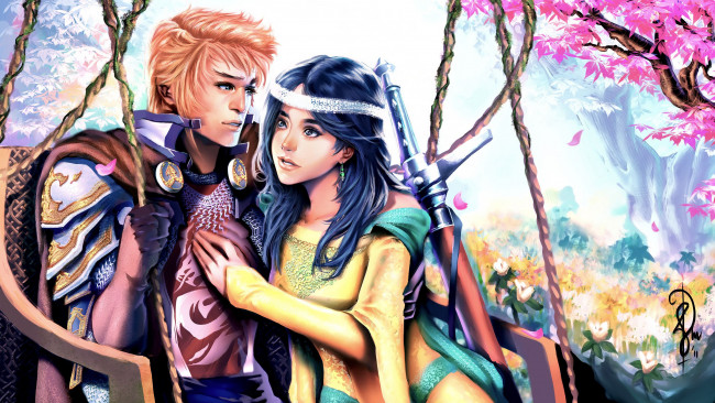 Обои картинки фото фэнтези, люди, девушка, парень, влюбленные, меч