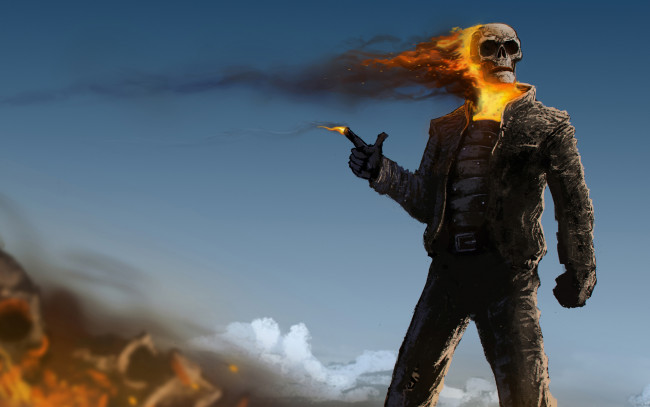 Обои картинки фото призрачный гонщик, фэнтези, нежить, ghost, rider, скелет, огонь, череп, призрачный, гонщик