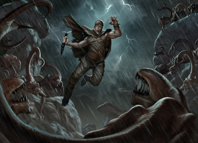 Обои картинки фото riddick, 2013, рисованные, кино, гроза, нож, монстры, атака, прыжок